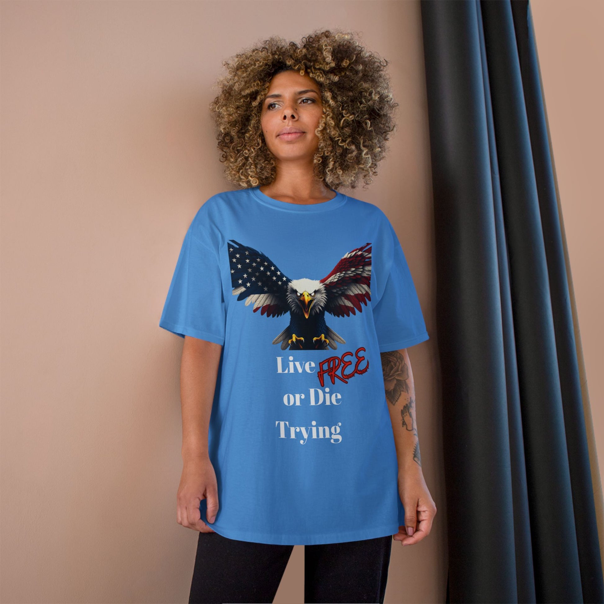 Live Free Or Die Trying Patriotic Eagle on a Champion T-shirt