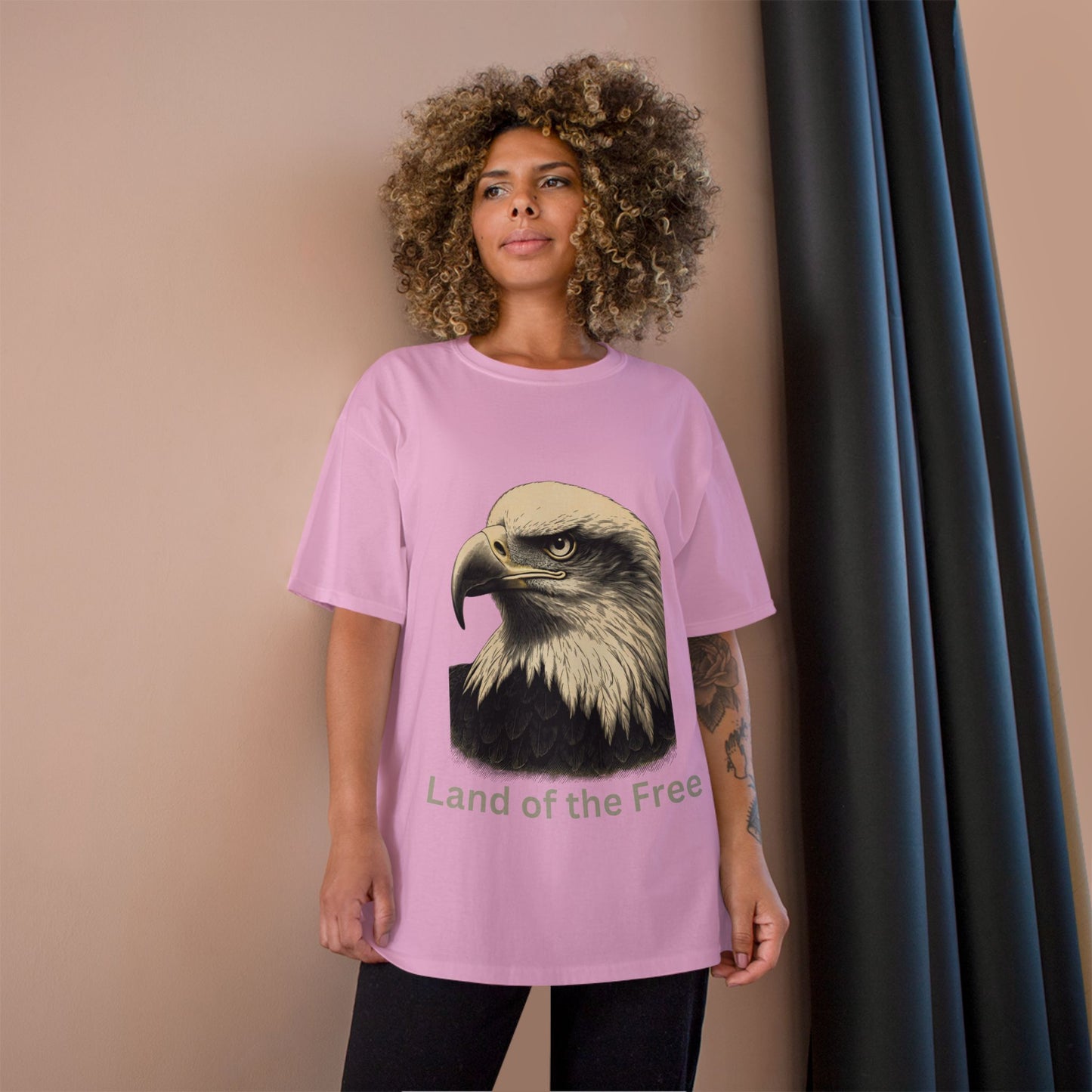 Engraved Eagle - Land of the Free - text on the bottom of a Champion Tee