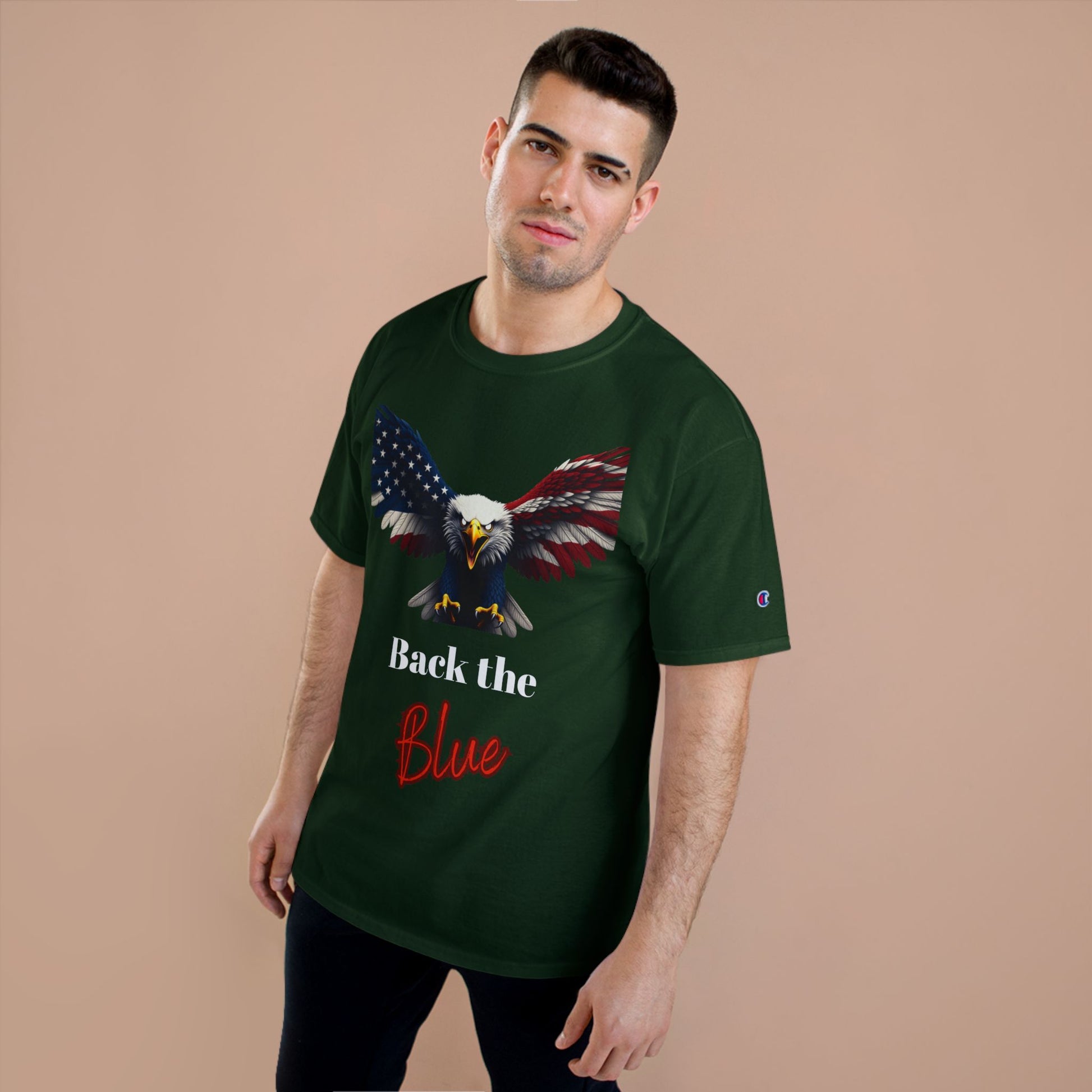 Back The Blue Patriotic Eagle on a Champion T-shirt