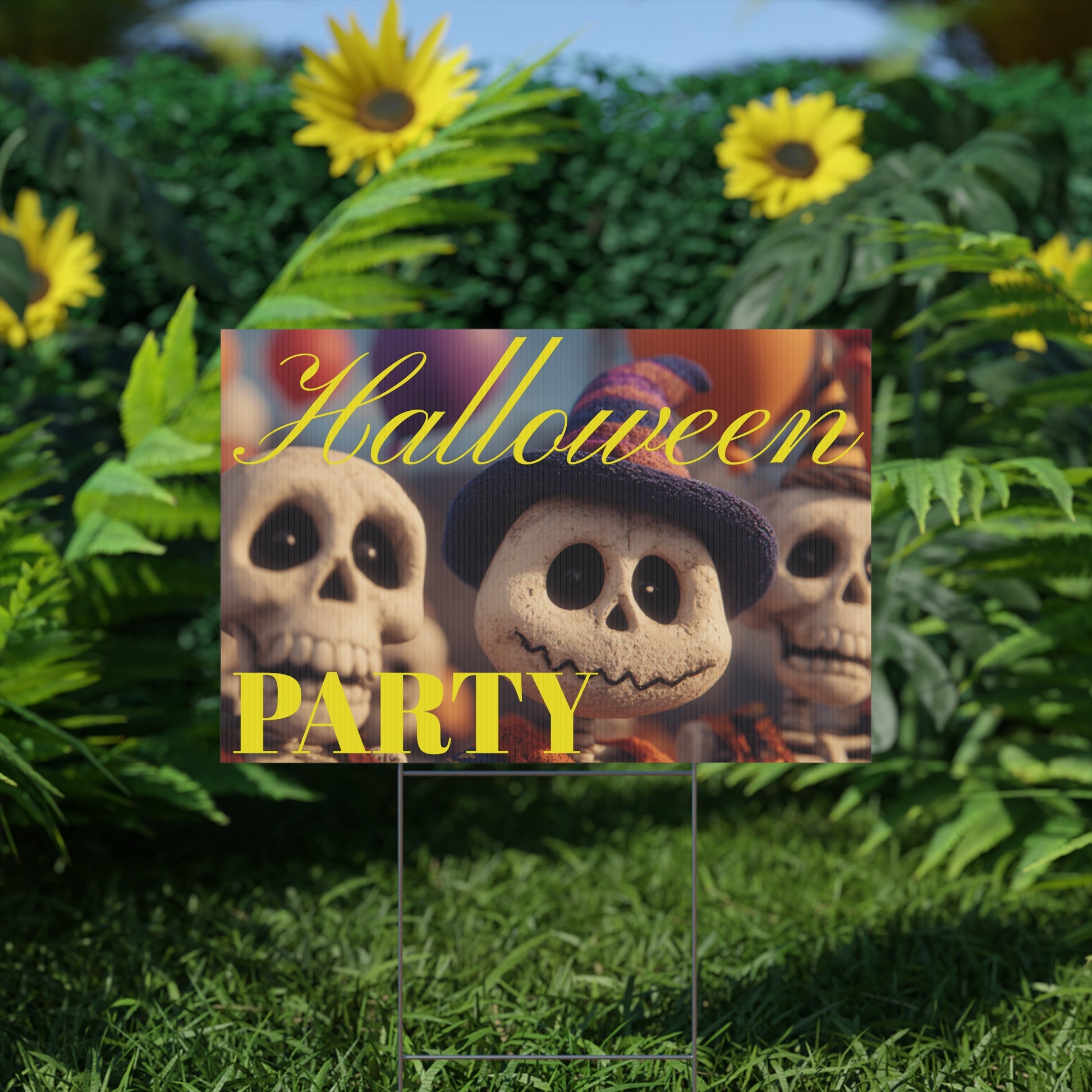 Halloween-themed party sign with cartoon characters on a grassy lawn
