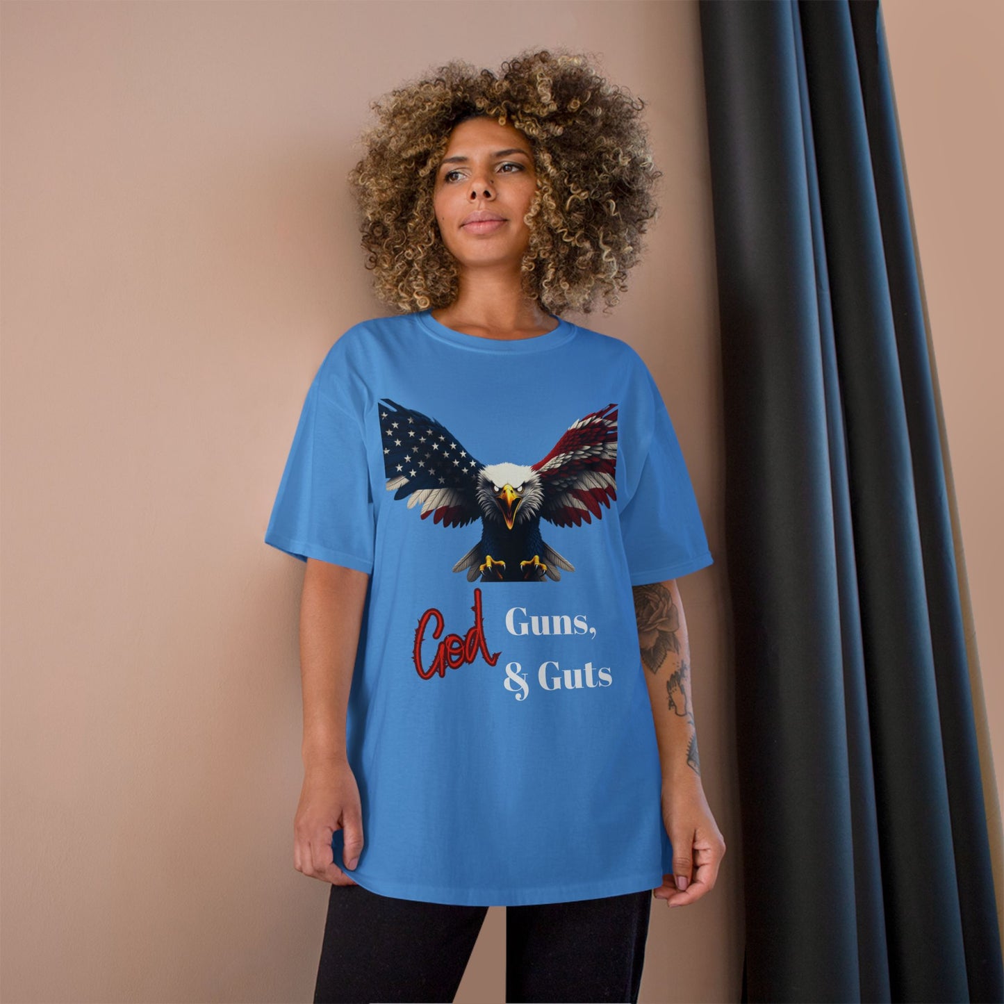 God Guns & Guts Patriotic Eagle on a Champion T-shirt
