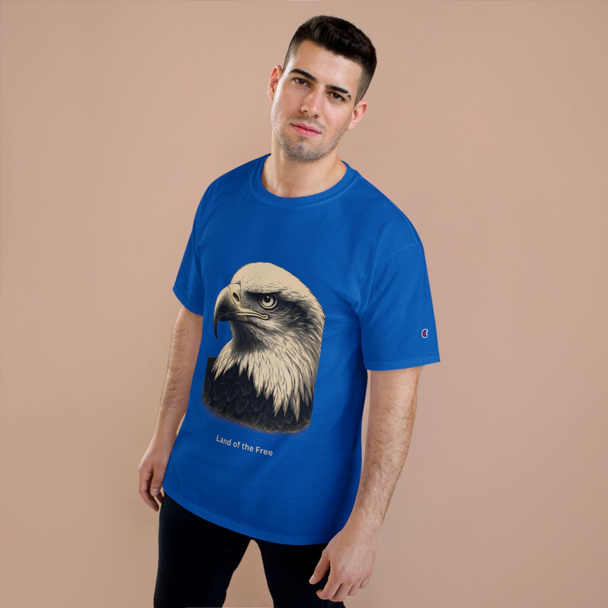 Engraved Eagle - Land of the Free - text on the muted of a Champion Tee
