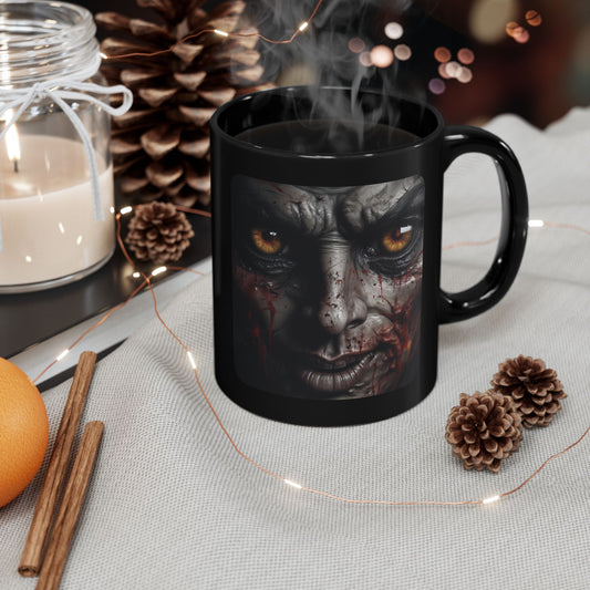 Black mug with a graphic design of a face on a table with decorative items.