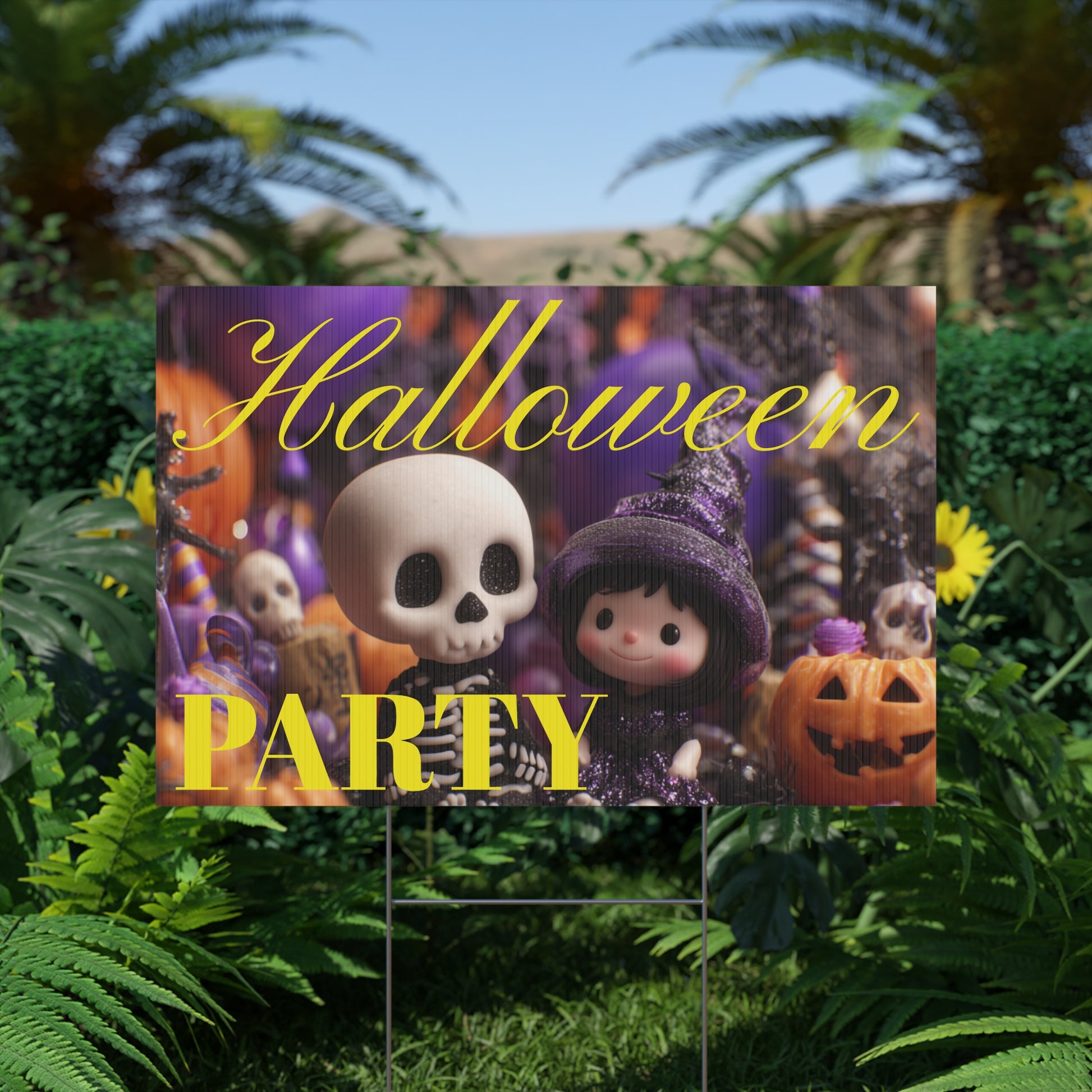 Halloween-themed party sign with cartoon characters on a grassy lawn