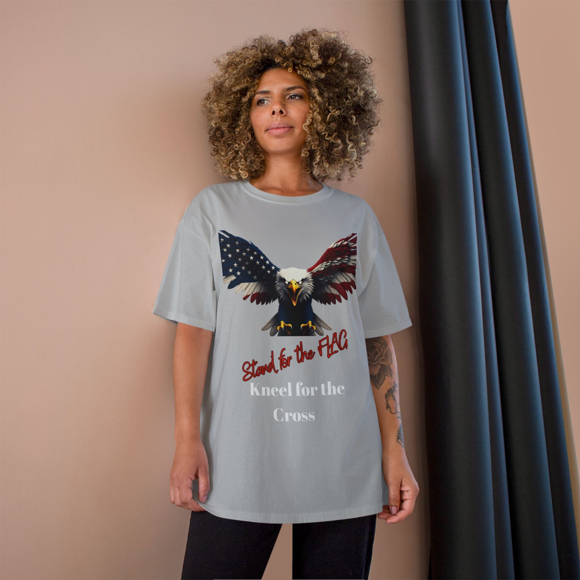 Stand For The Flag Kneel For The Cross Patriotic Eagle on a Champion T-shirt