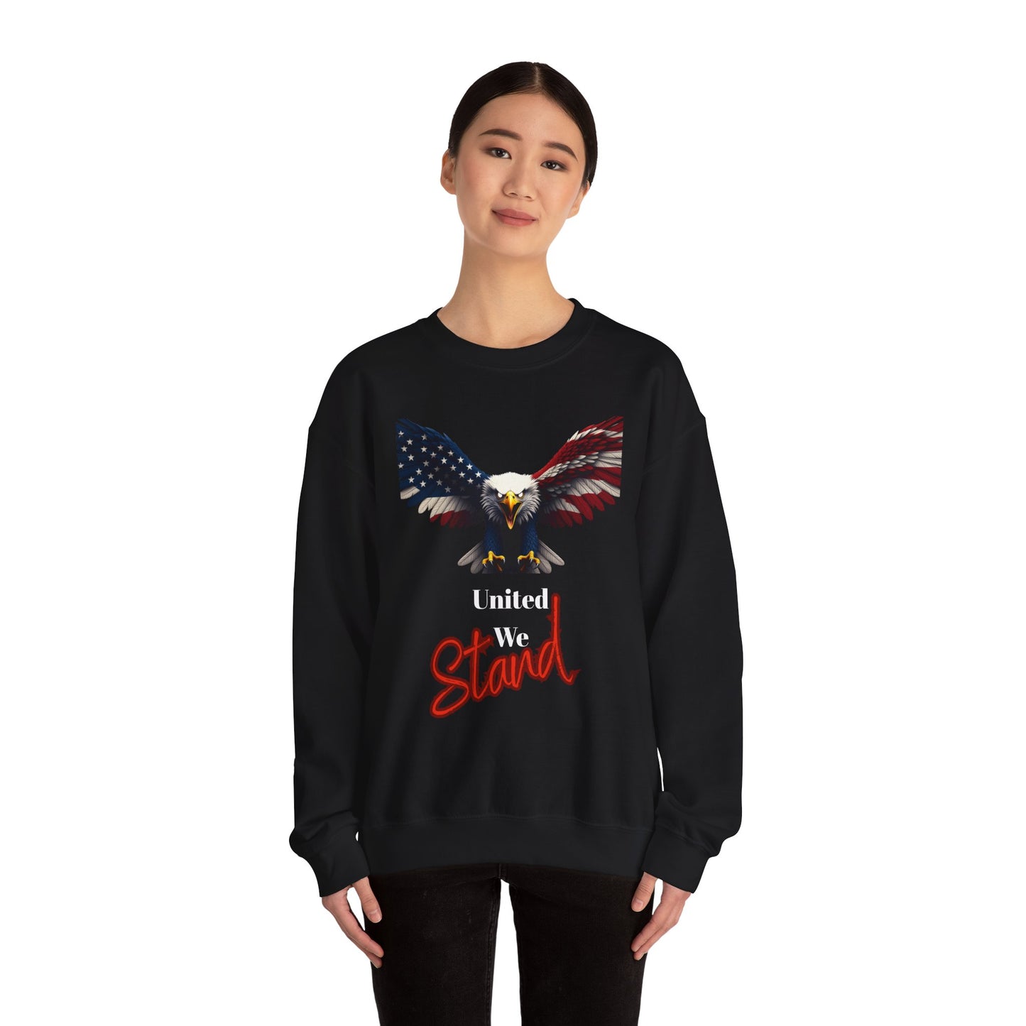 United We Stand Patriotic Eagle text on a Crewneck Sweatshirt