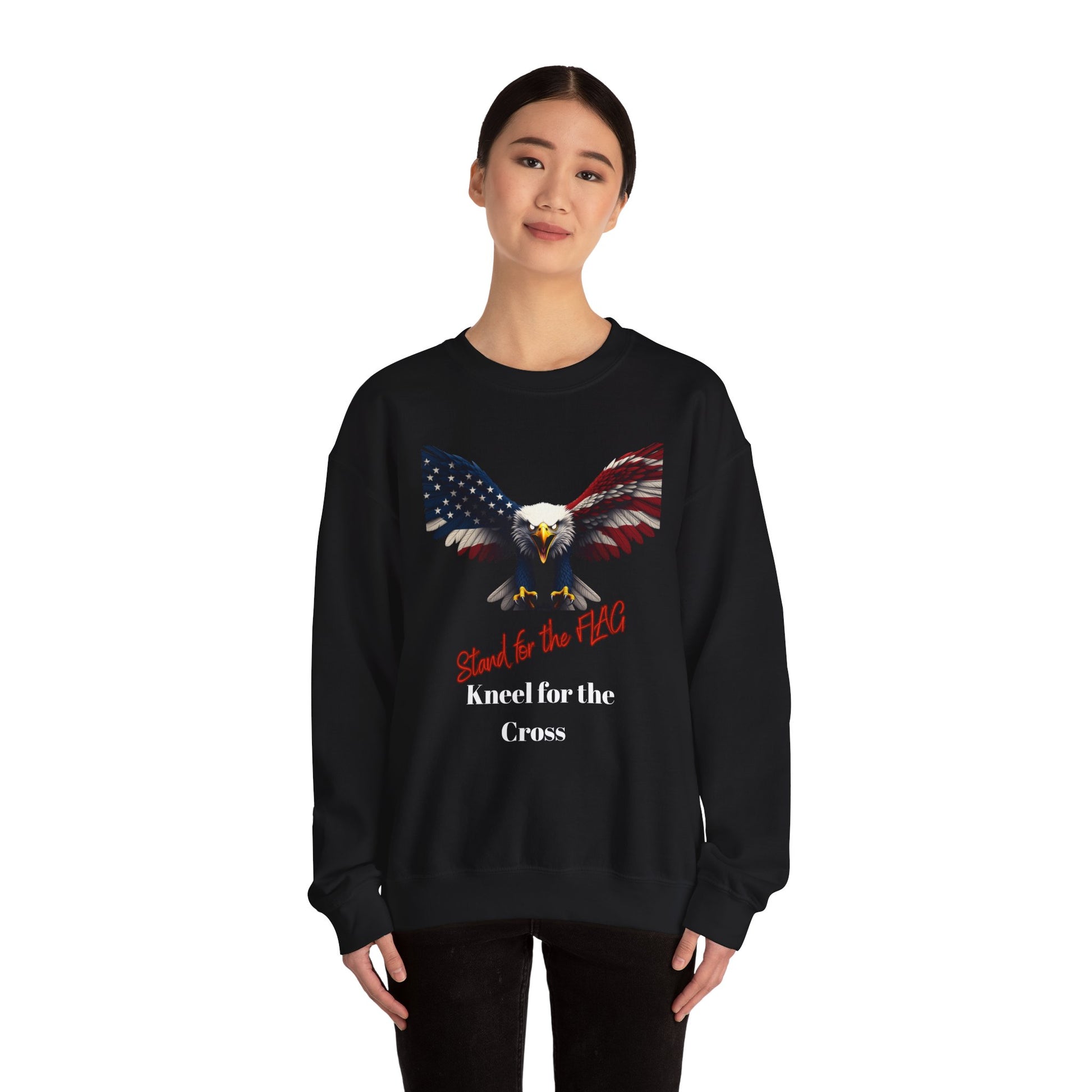 Stand For The Flag Kneel For The Cross Patriotic Eagle text on a Crewneck Sweatshirt