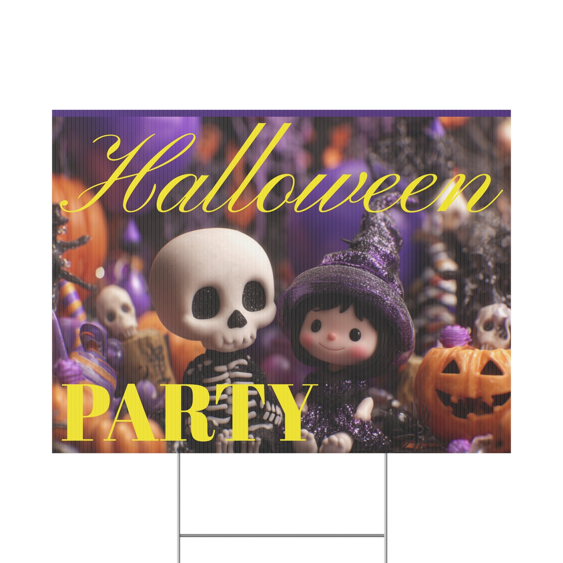 Halloween-themed party sign with cartoon characters on a grassy lawn