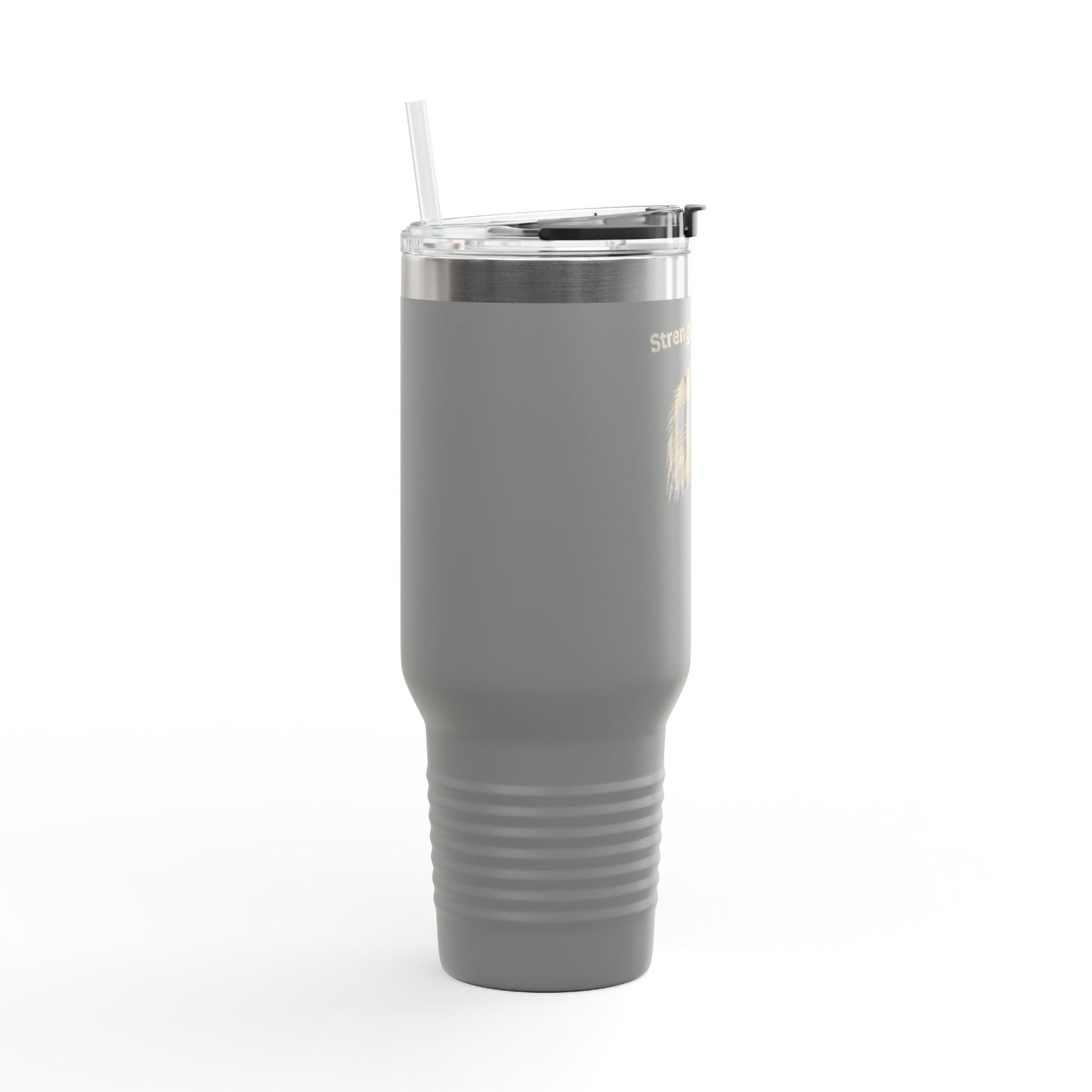 Strength in Liberty text on the top of a  40oz Insulated Travel Mug