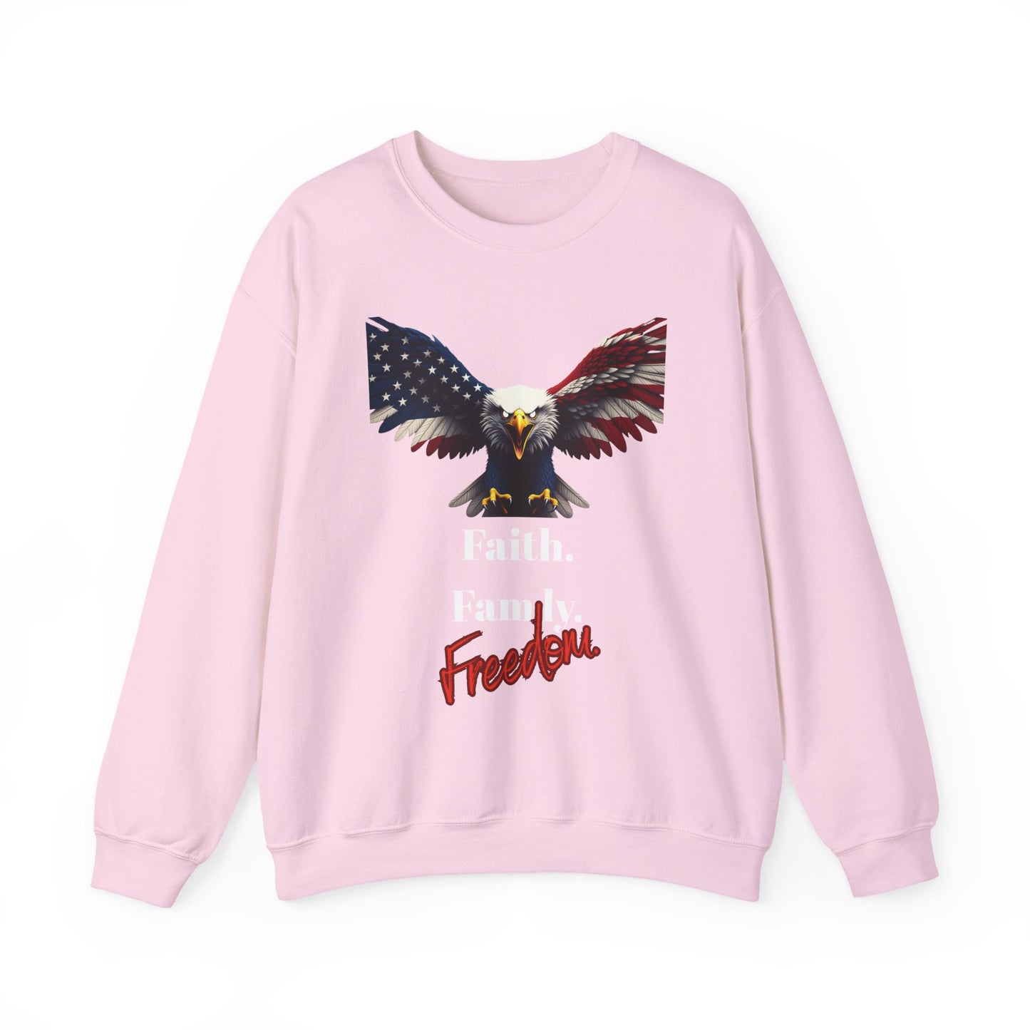 Faith. Family. Freedom Patriotic Eagle text on a Crewneck Sweatshirt