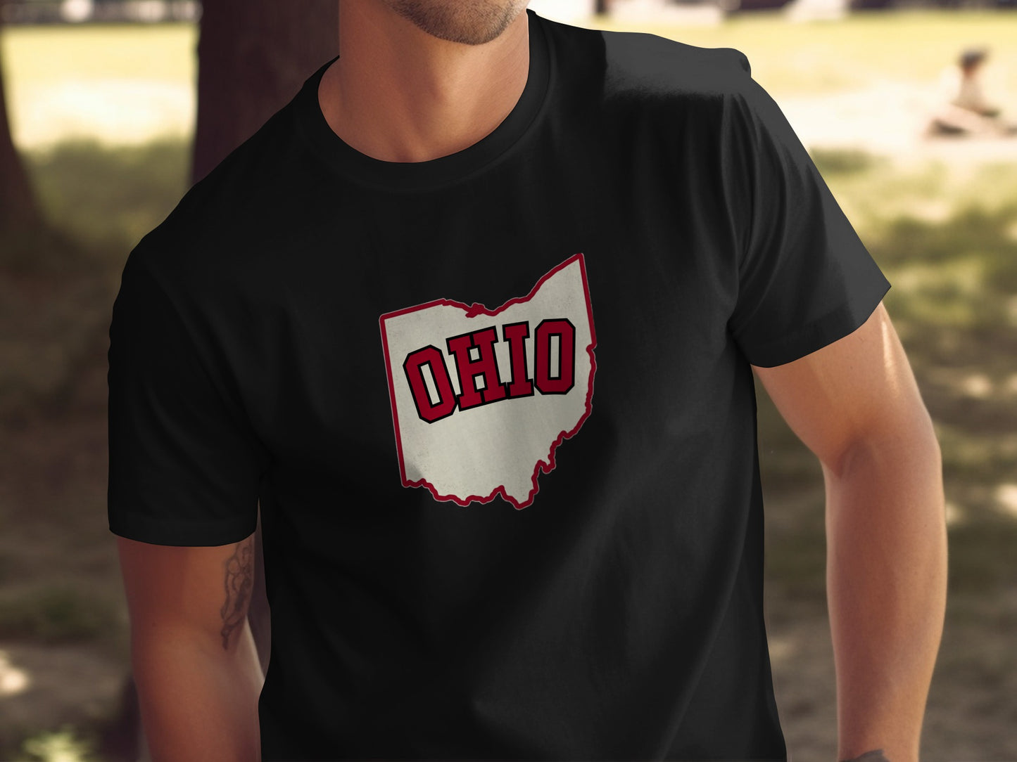 Black t-shirt with a distressed outline of Ohio featuring "OHIO" text.
