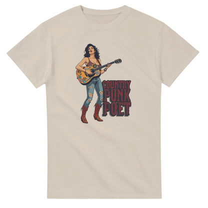 Woman wearing a red t-shirt with a graphic design, holding shopping bags in a mall.