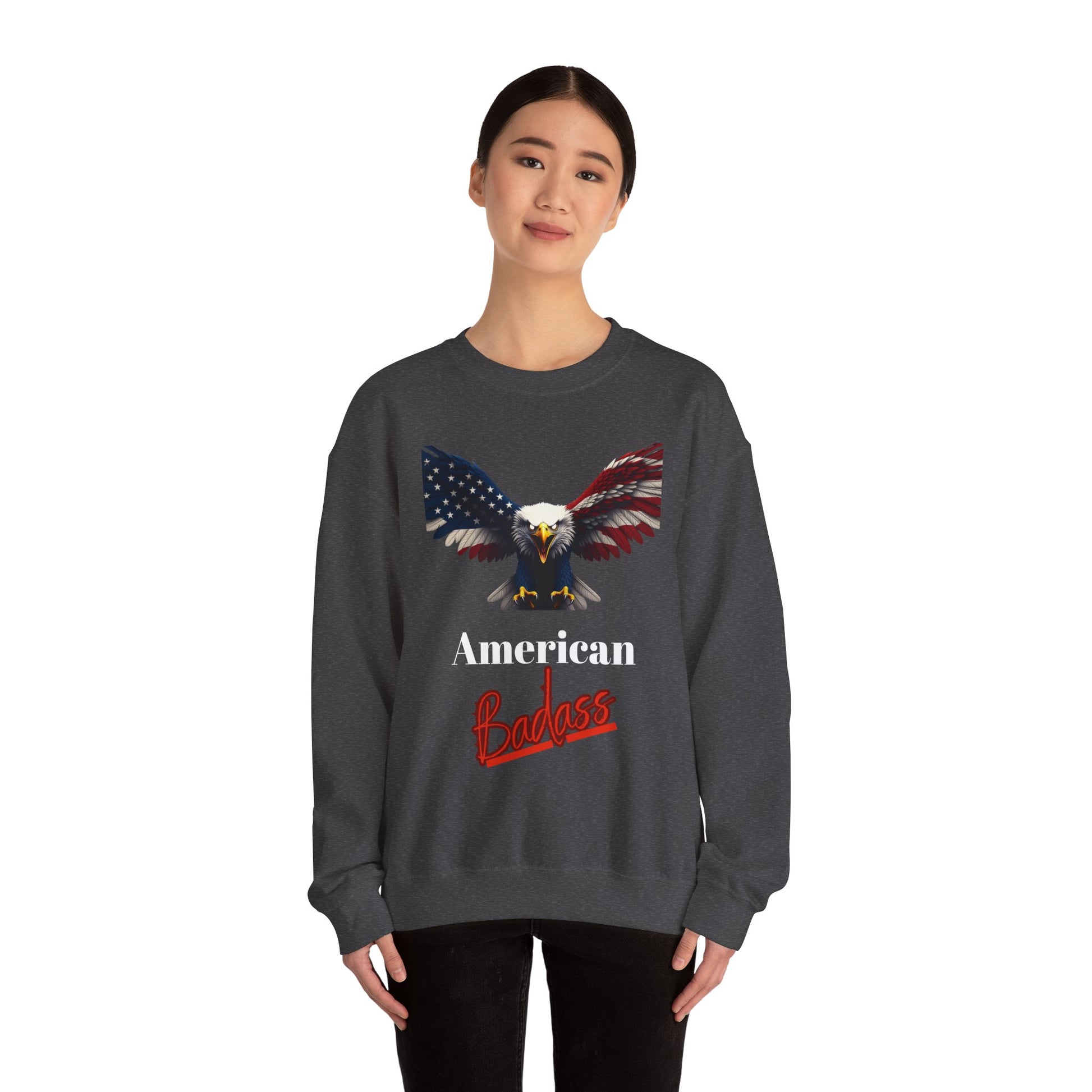 American Badass Patriotic Eagle text on a Crewneck Sweatshirt