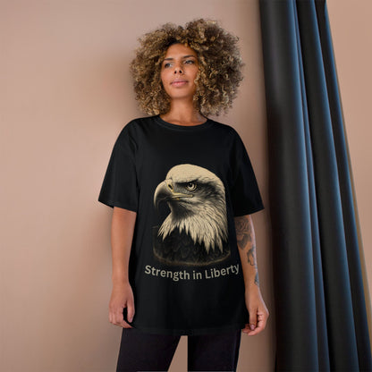 Engraved Eagle - Strength in Liberty - text on the bottom of a Champion Tee