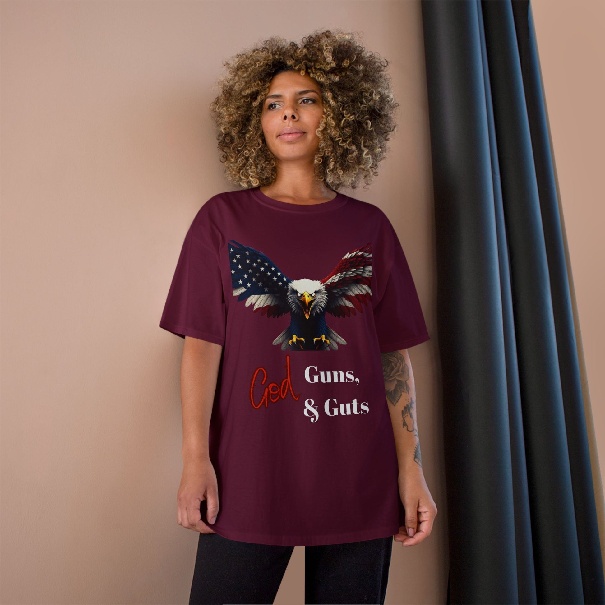 God Guns & Guts Patriotic Eagle on a Champion T-shirt