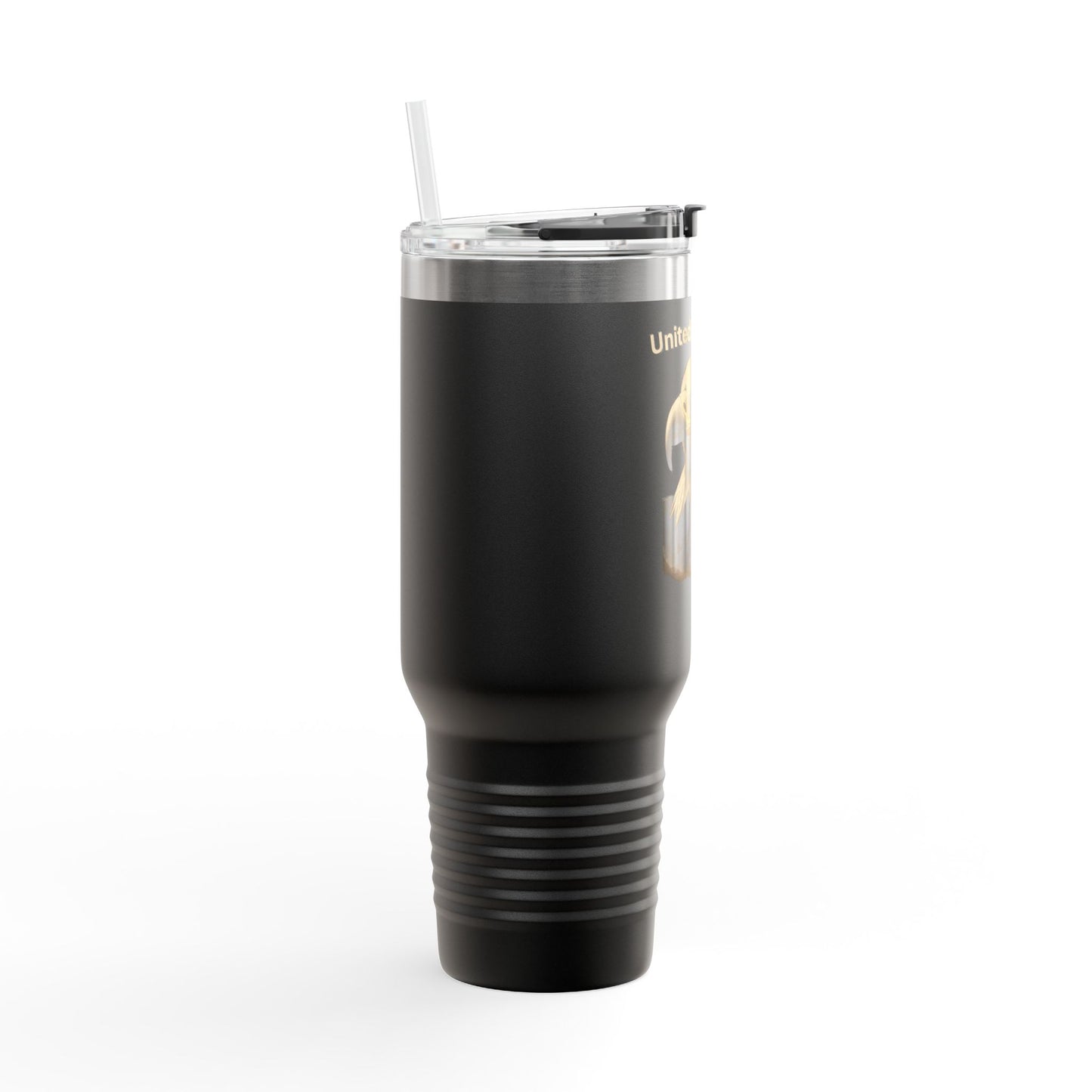 United We Stand text on the top of a  40oz Insulated Travel Mug