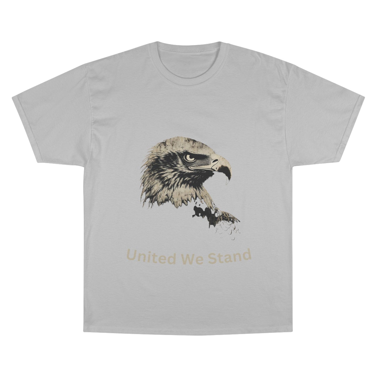 United We Stand text below an eagle head on a Champion Tee