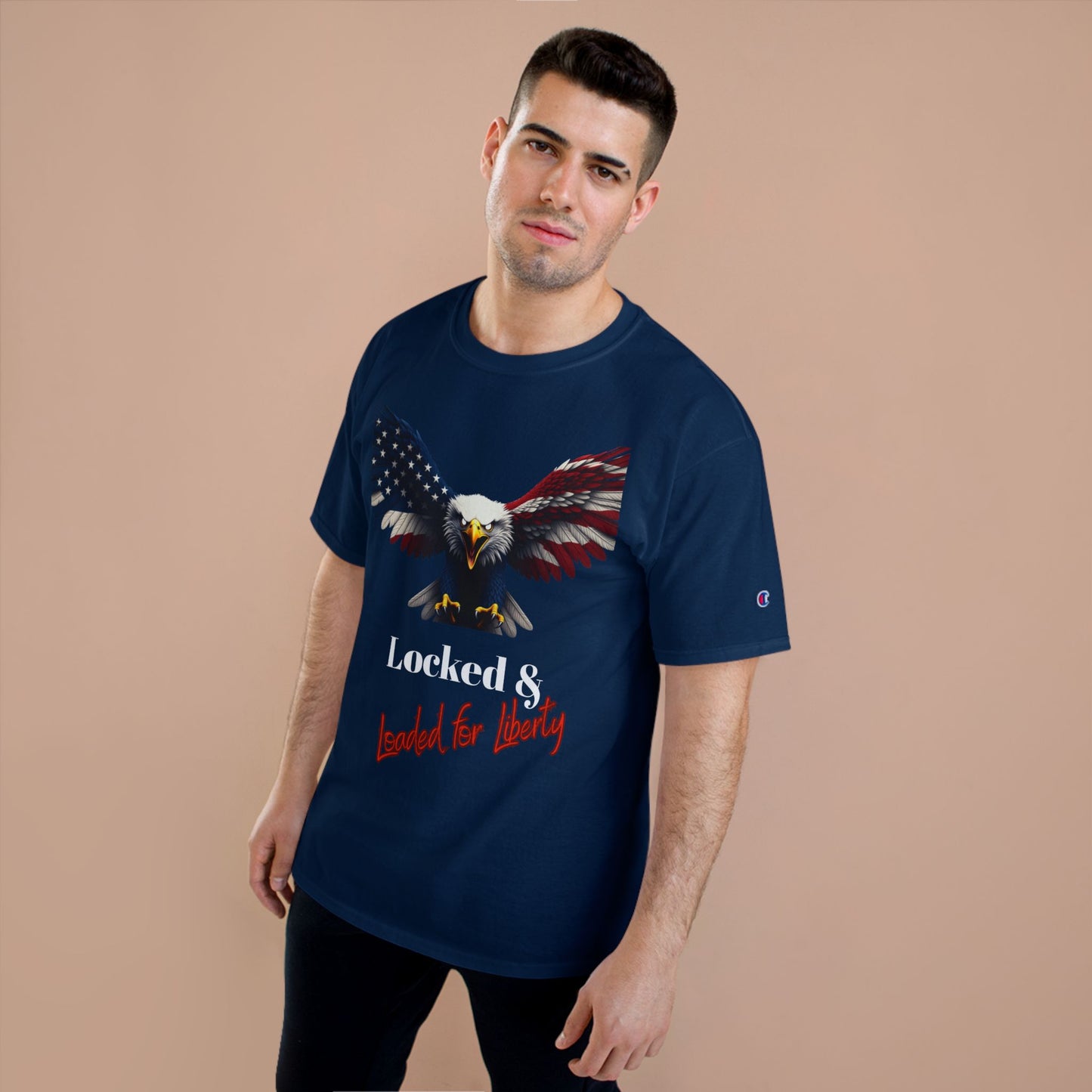 Locked & Loaded For Liberty Patriotic Eagle on a Champion T-shirt
