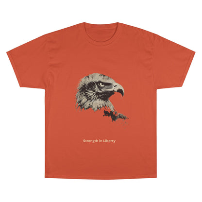 Strength in Liberty small font text below an eagle head on a Champion Tee