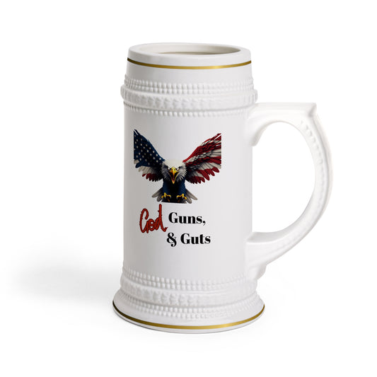 Patriotic Eagle God Guns & Guts Patriotic Eagle on a 22oz Ceramic Beer Stein