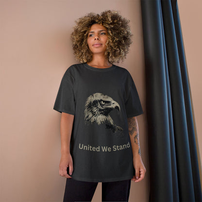 United We Stand text below an eagle head on a Champion Tee