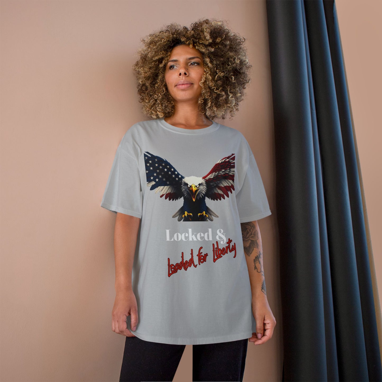 Locked & Loaded For Liberty Patriotic Eagle on a Champion T-shirt