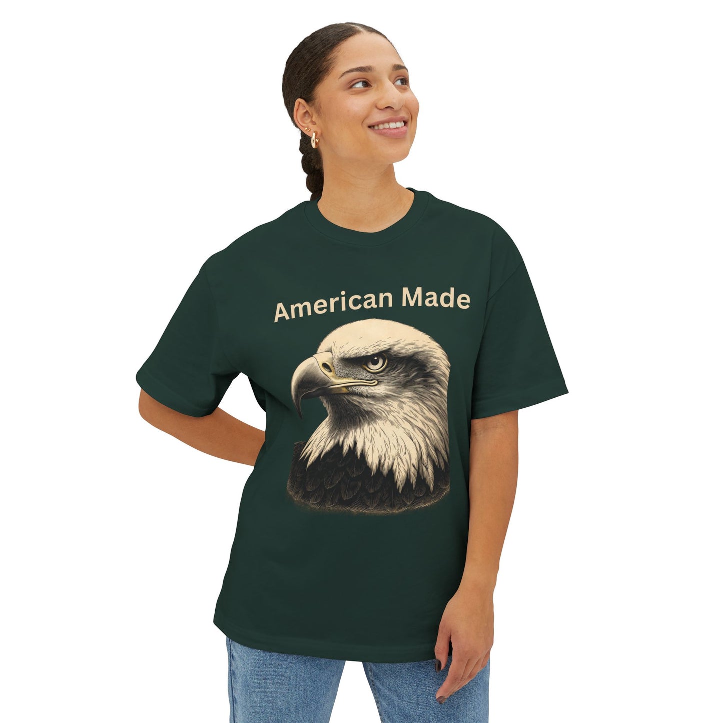 Engraved Eagle - American Made text at the top of a premium tee