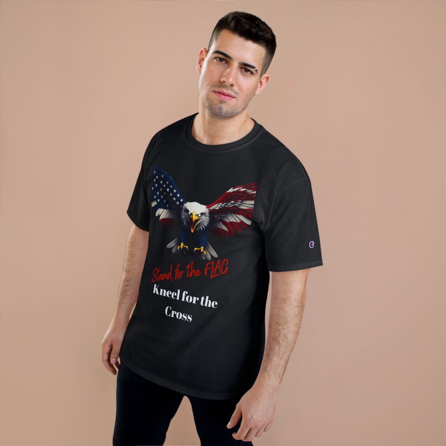 Stand For The Flag Kneel For The Cross Patriotic Eagle on a Champion T-shirt
