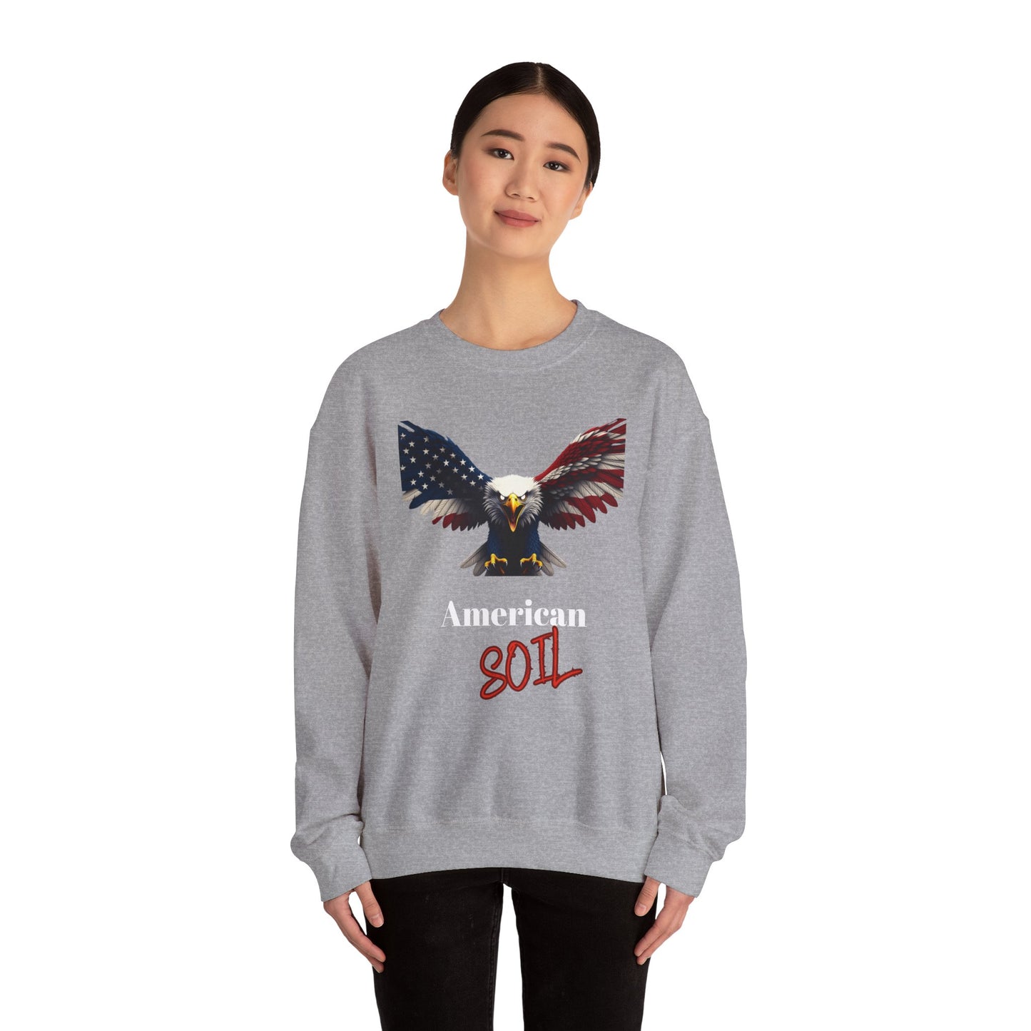American Soil Patriotic Eagle text on a Crewneck Sweatshirt