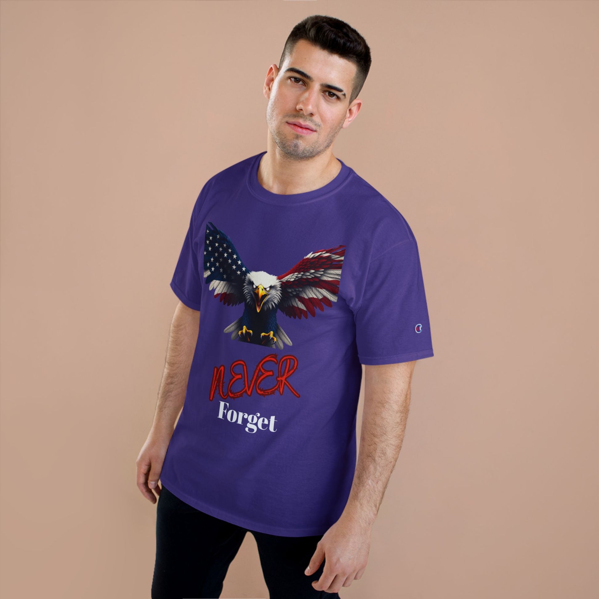 Never Forget Patriotic Eagle on a Champion T-shirt