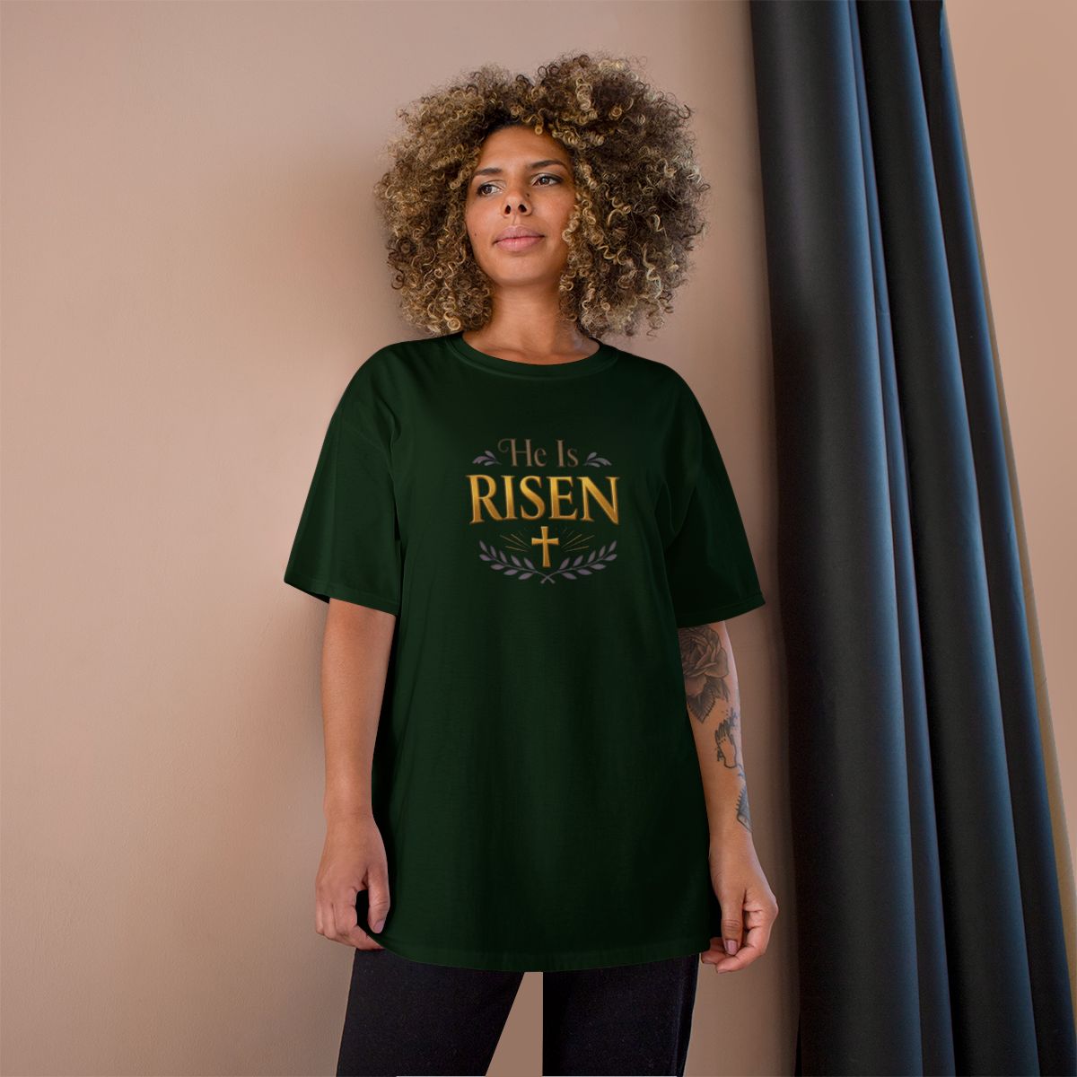 Dark Green He Is RISEN Cross Olive Branches T-shirt product type