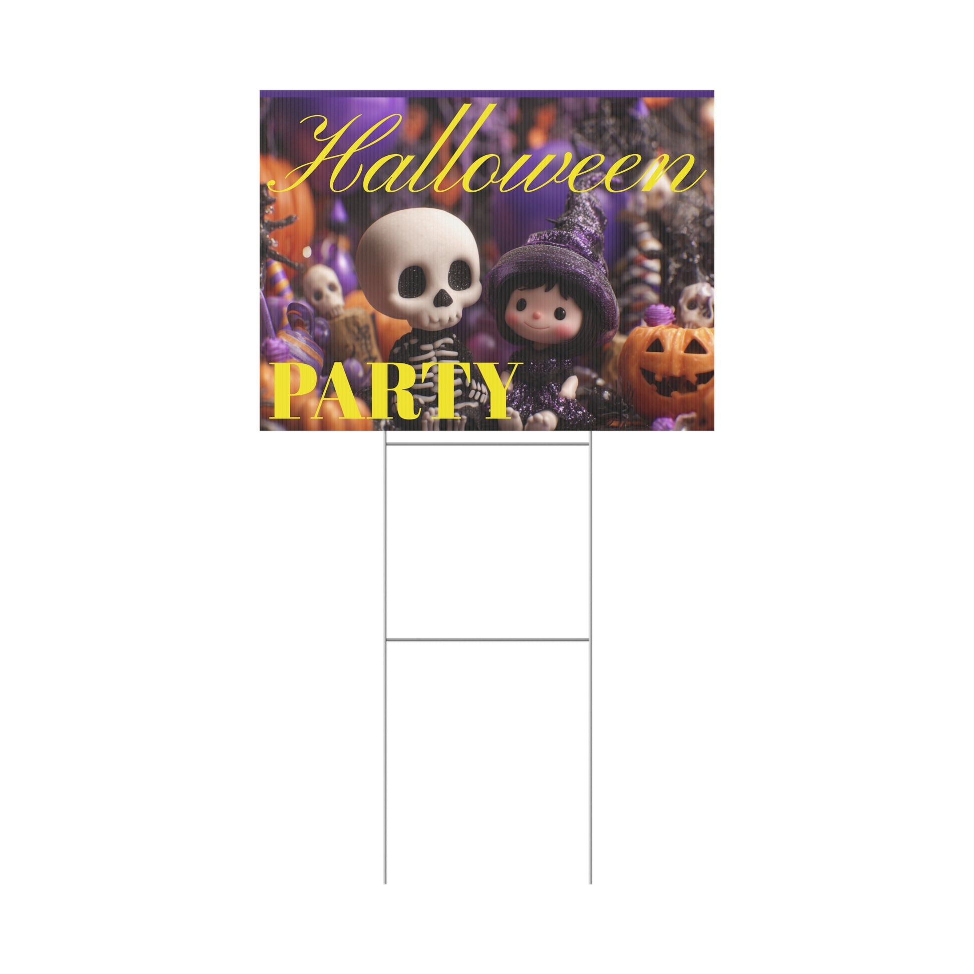 Halloween-themed party sign with cartoon characters on a grassy lawn