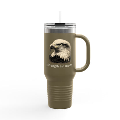 Strength in Liberty text on the bottom of a  40oz Insulated Travel Mug