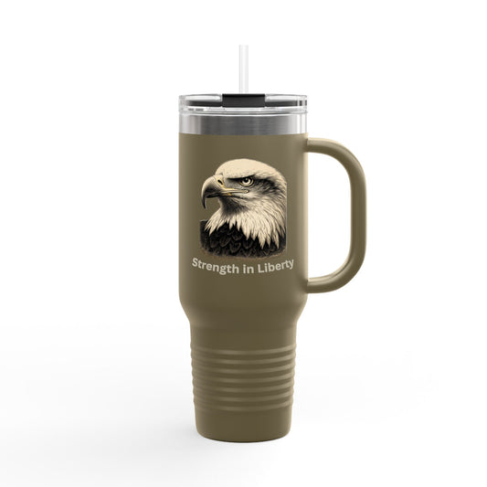 Strength in Liberty text on the bottom of a  40oz Insulated Travel Mug