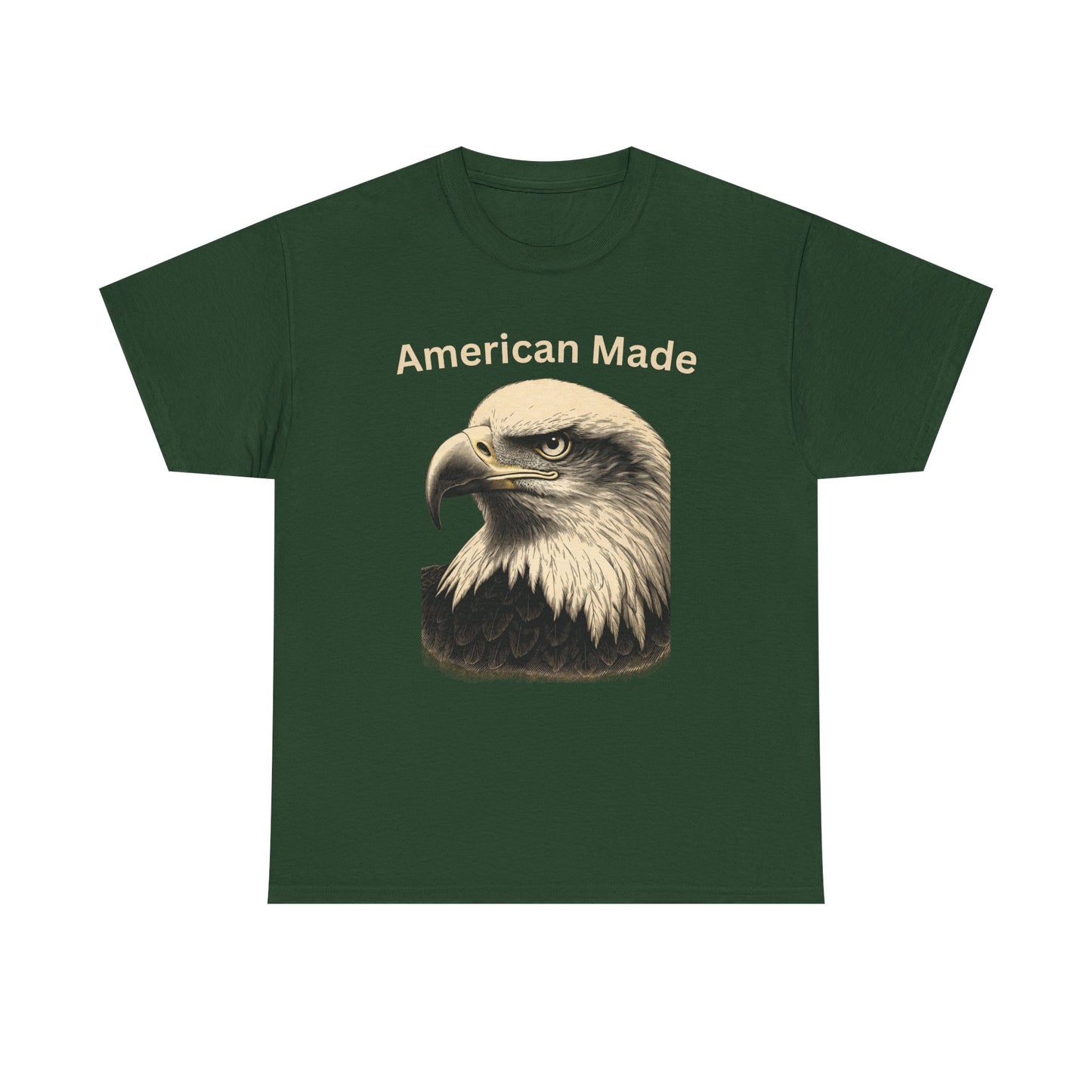 Engraved Eagle - American Made - text on the top of a Heavyweight T-shirt