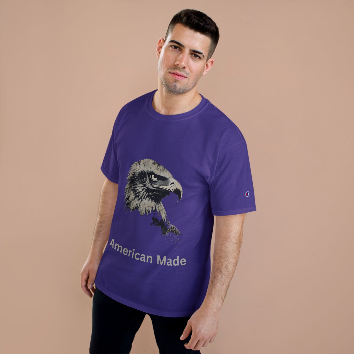 American Made text below an eagle head on a Champion Tee
