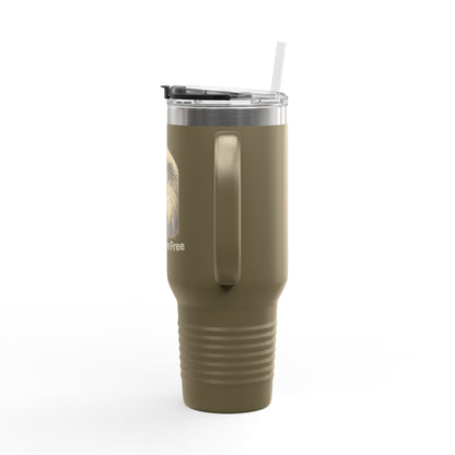 Land of the Free text on the bottom of a  40oz Insulated Travel Mug