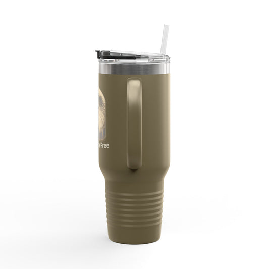 Land of the Free text on the bottom of a  40oz Insulated Travel Mug