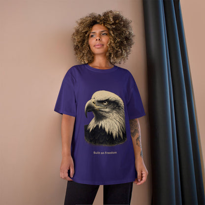 Engraved Eagle - Built for Strength - text on the muted of a Champion Tee