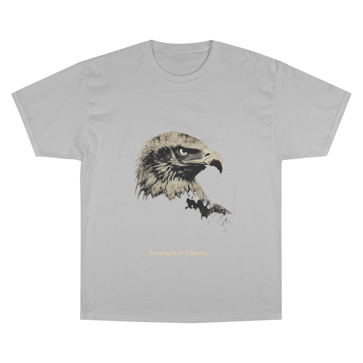 Strength in Liberty small font text below an eagle head on a Champion Tee