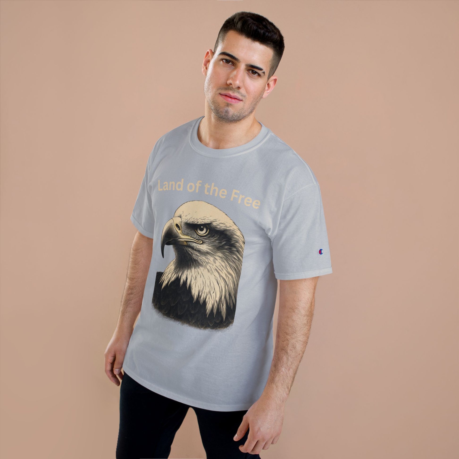 Engraved Eagle - Land of the Free - text on the top of a Champion Tee
