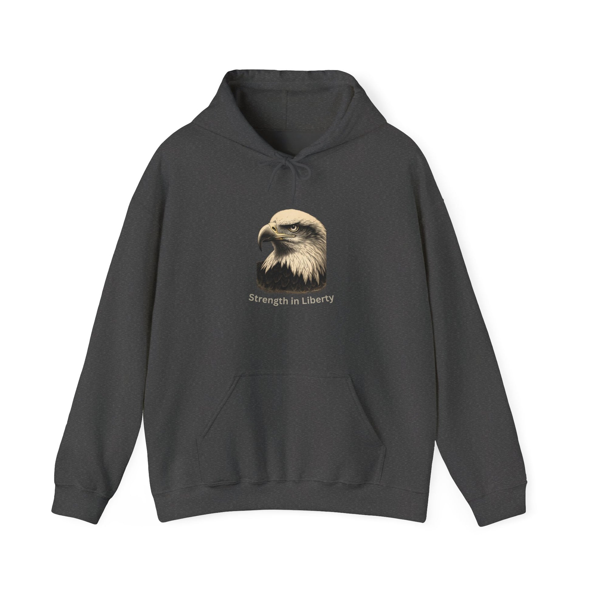 Strength in Liberty text beneath an eagle head on a Pullover Hoodie