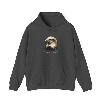 Strength in Liberty text beneath an eagle head on a Pullover Hoodie