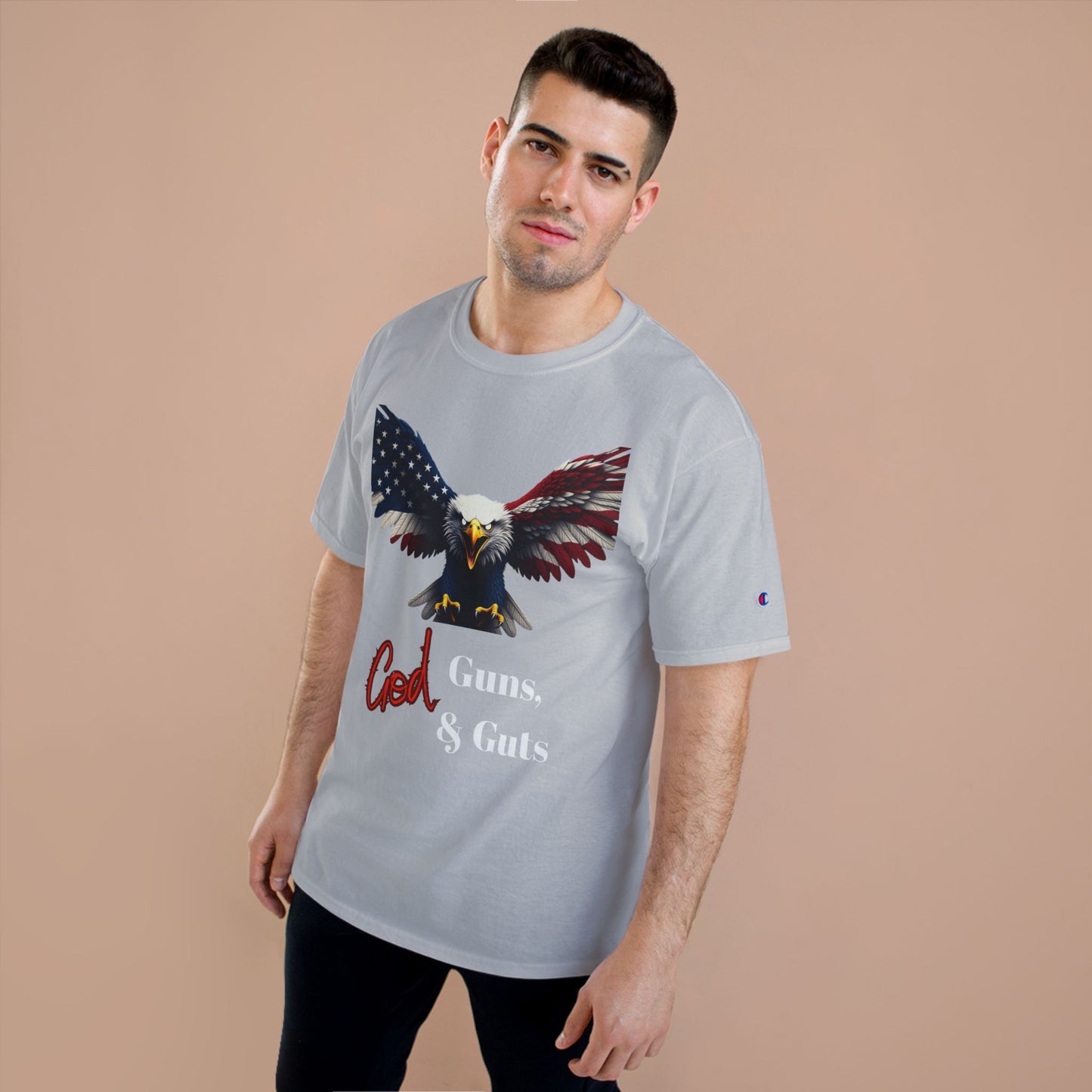 God Guns & Guts Patriotic Eagle on a Champion T-shirt