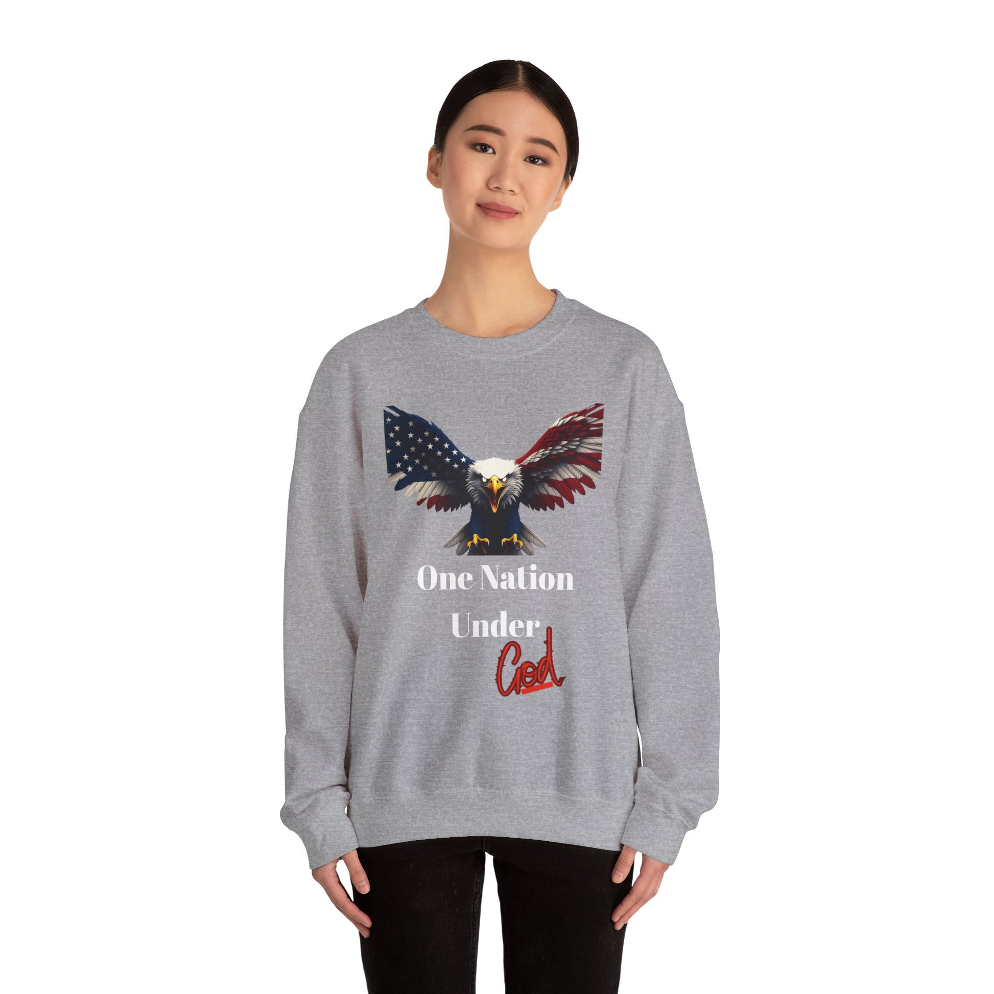 One Nation Under God Patriotic Eagle text on a Crewneck Sweatshirt