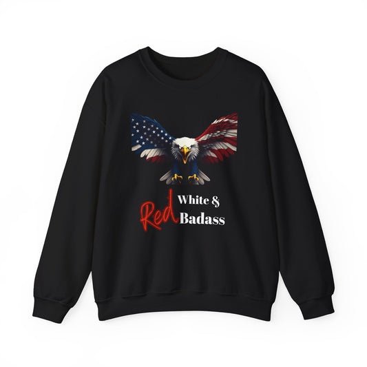 Red White & Badass Patriotic Eagle text on a Crewneck Sweatshirt