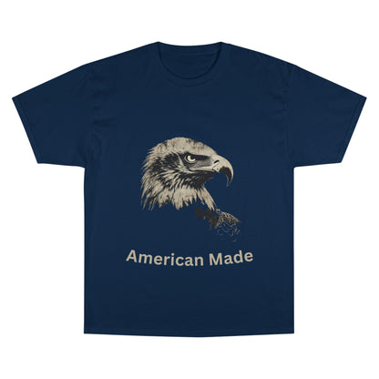 American Made text below an eagle head on a Champion Tee