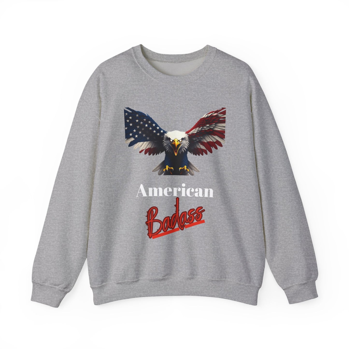 American Badass Patriotic Eagle text on a Crewneck Sweatshirt
