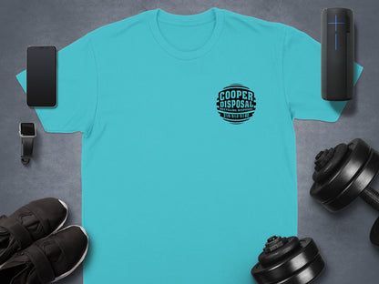 Aqua t-shirt with "COOPER DISPOSAL" logo and phone number.