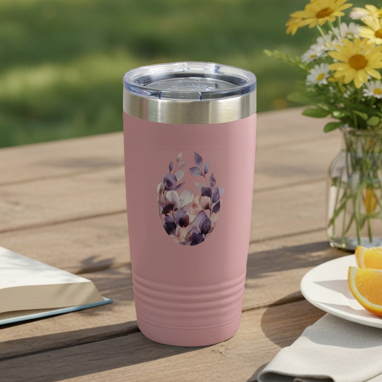 Floral Pink Tumbler with Purple and White Flowers Design